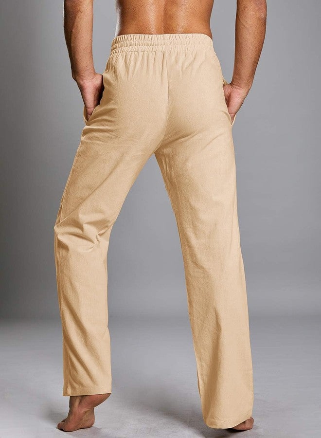 PASLTER Mens Casual Linen Pants Loose Fit Straight-Legs Elastic Drawstring Waist Summer Beach Yoga Long Pants B-Khaki - Image 5